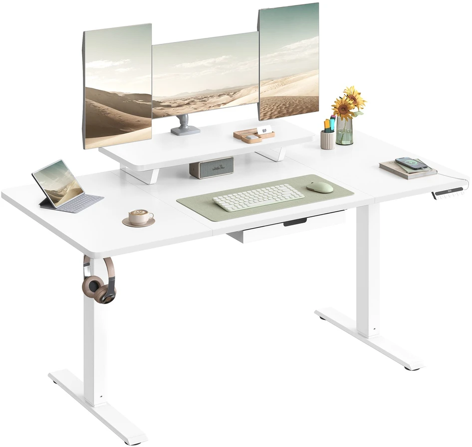 Songmics Reguliuojamo aukščio rašomasis stalas 140 x 70 cm, su monitoriaus stovu, stalčiumi, baltas