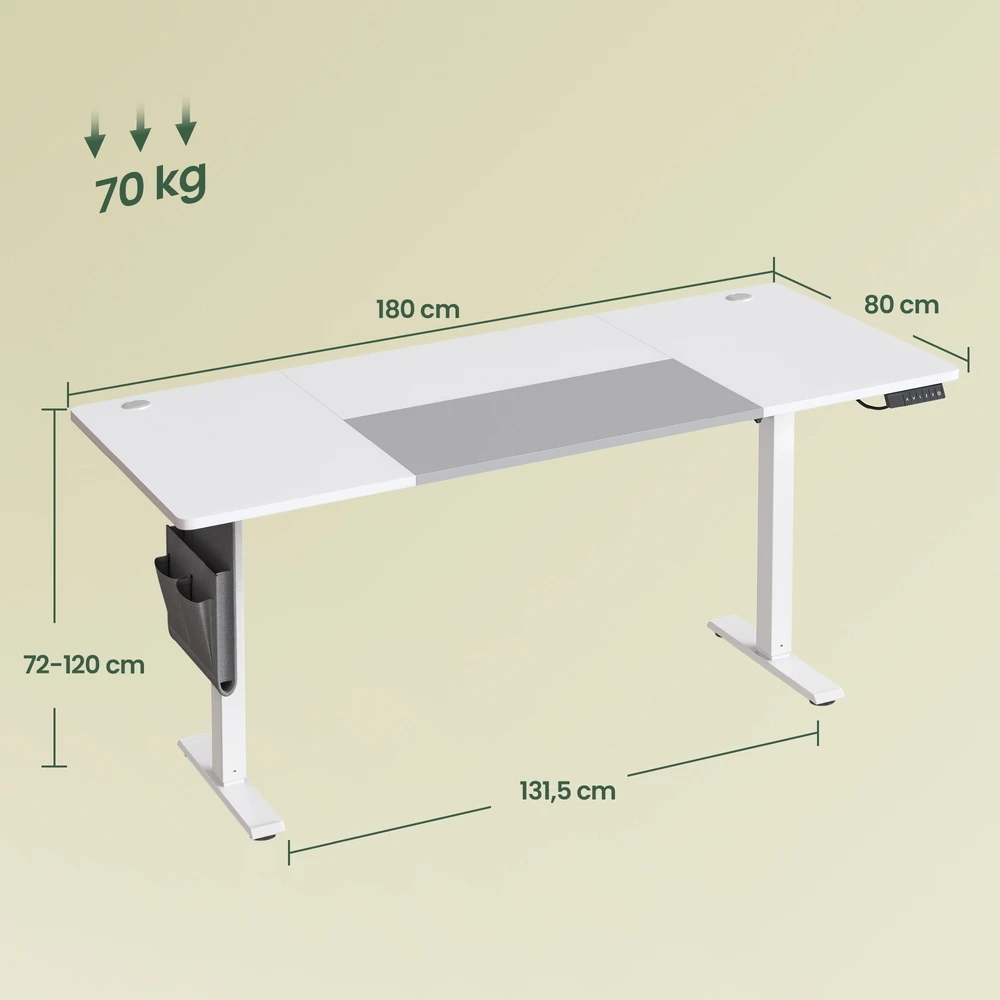 Songmics Reguliuojamo aukščio rašomasis stalas, 180 x 80 cm, balta-pilka, su atminties funkcija