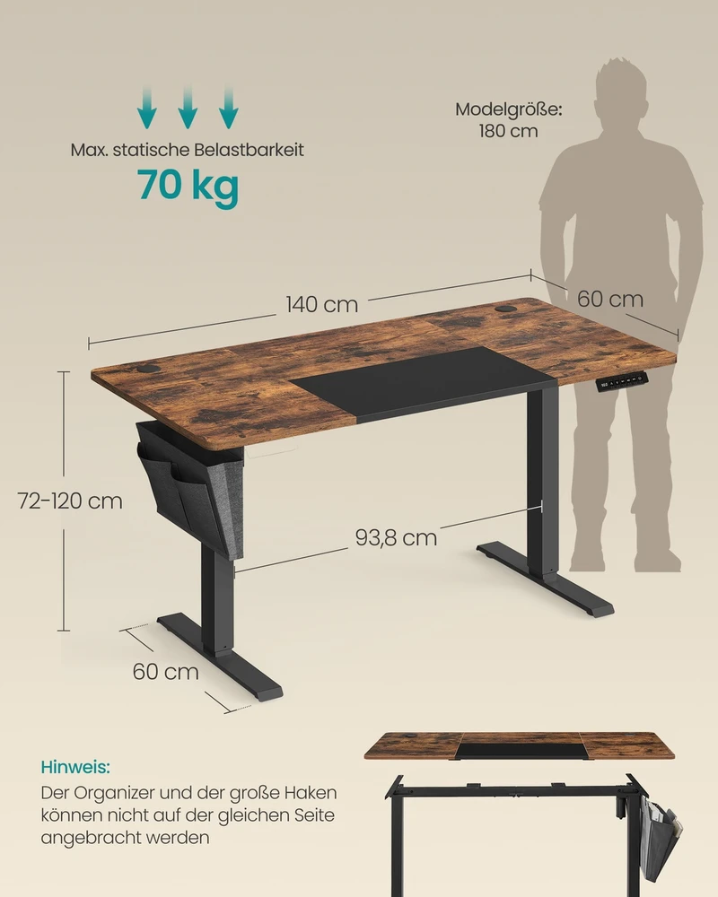 Koduva Reguliuojamo aukščio rašomasis stalas, elektrinis, 140 x 60 x 72–120 cm, vintažinės rudos-juodos spalvos