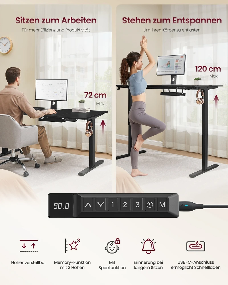 Koduva Reguliuojamo aukščio rašomasis stalas, 160 x 80 cm, su USB-C jungtimi, juodas