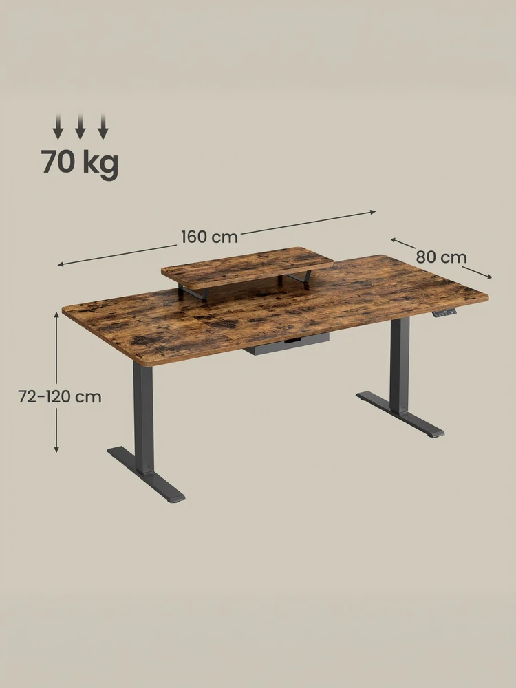 Songmics Reguliuojamo aukščio rašomasis stalas su monitoriaus stovu, 160 x 80 cm, rudas