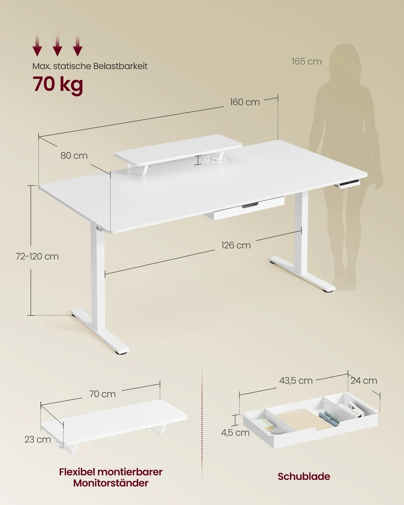 Songmics Reguliuojamo aukščio rašomasis stalas su monitoriaus lentyna, USB-C, 160x80 cm, baltas