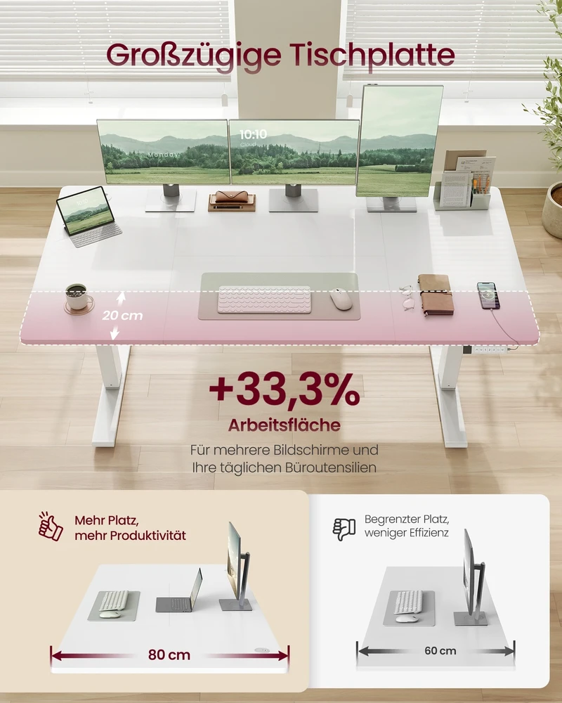 Koduva Reguliuojamo aukščio rašomasis stalas, 160 x 80 cm, USB-C, atminties funkcija, matinė balta
