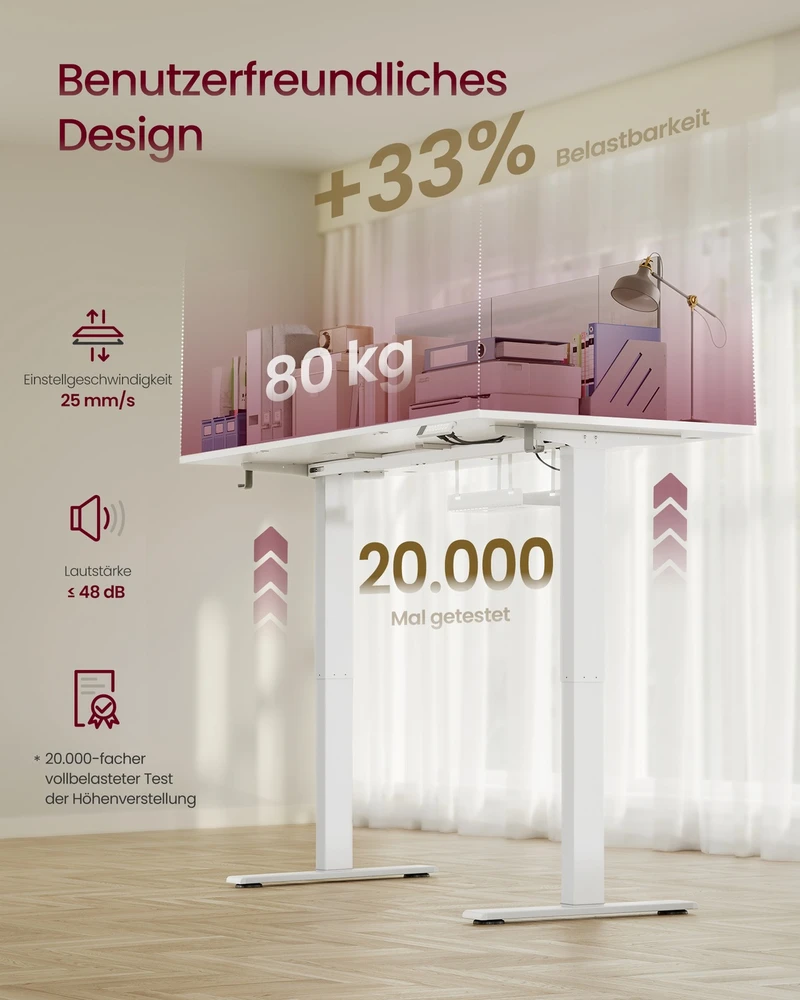Koduva Reguliuojamo aukščio rašomasis stalas, 140 x 80 cm, matinis baltas, su USB-C
