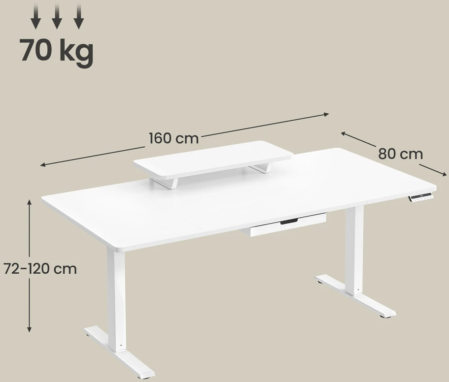 Koduva Reguliuojamo aukščio rašomasis stalas 160 x 80 cm, baltas, su monitoriaus stovu ir stalčiumi