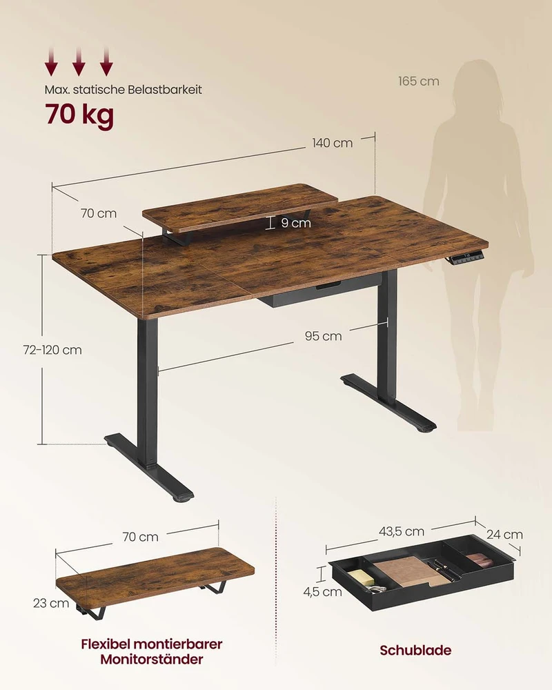 Koduva Reguliuojamo aukščio rašomasis stalas 140 x 70 cm, su monitoriaus stovu, stalčiumi ir USB-C, rudas
