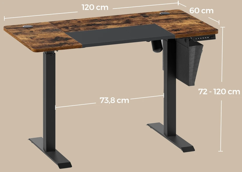 Songmics Reguliuojamo aukščio rašomasis stalas, elektrinis, 120,1 x 60,1 x 72,1–120,1 cm, rudos-juodos spalvos