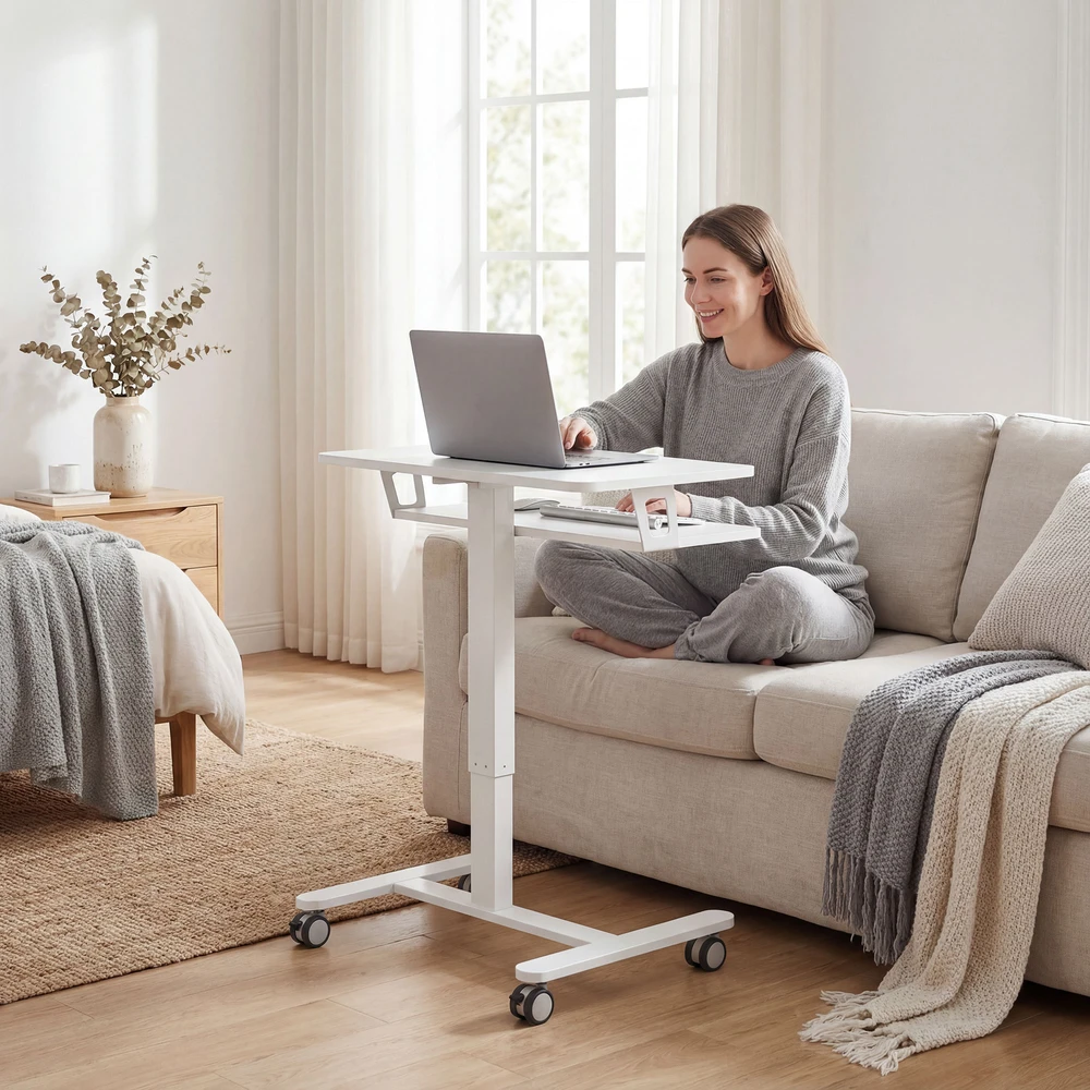 Aosom Reguliuojamo aukščio riedantis sit-stand stalas, baltas, 65 x 60 x 71-107 cm