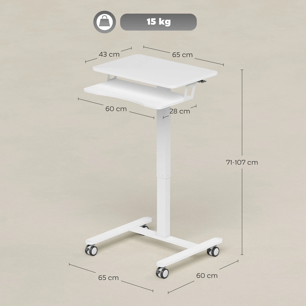 Aosom Reguliuojamo aukščio riedantis sit-stand stalas, baltas, 65 x 60 x 71-107 cm