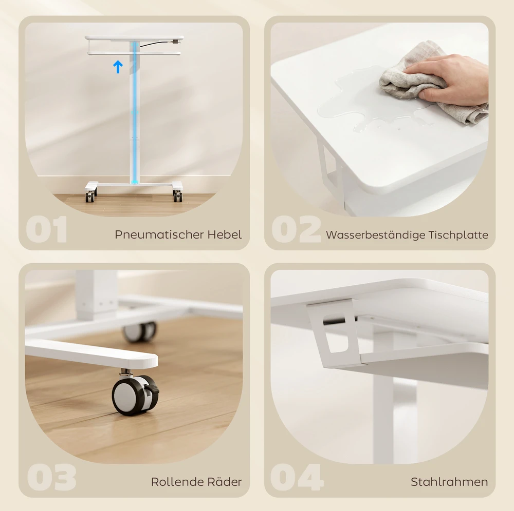 Aosom Reguliuojamo aukščio riedantis sit-stand stalas, baltas, 65 x 60 x 71-107 cm