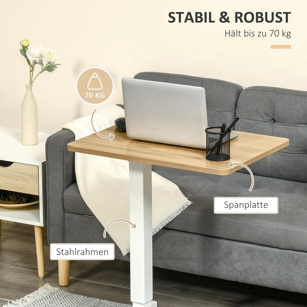 Aosom Reguliuojamo aukščio stovimas stalas su 4 ratukais, C formos, 65 x 48 x 73-110 cm, natūrali spalva + balta