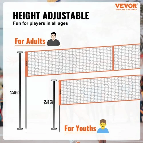 VEVOR Reguliuojamo aukščio tinklinio ir badmintono tinklo rinkinys JH-205, oranžinis, su nešiojimo krepšiu