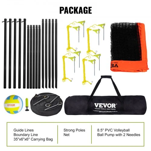 VEVOR Reguliuojamo aukščio tinklinio ir badmintono tinklo rinkinys JH-205, oranžinis, su nešiojimo krepšiu