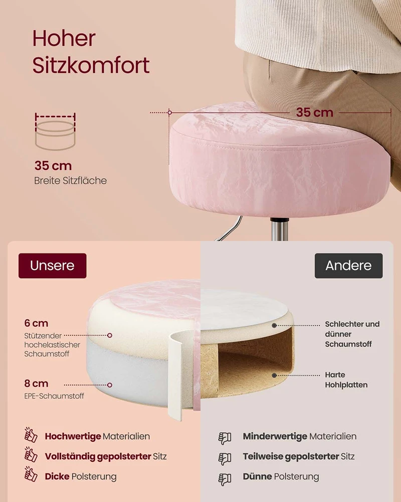 Koduva Reguliuojamo aukščio tualetinis pufas, 360° pasukamas, pastelinis rožinis, 38 cm
