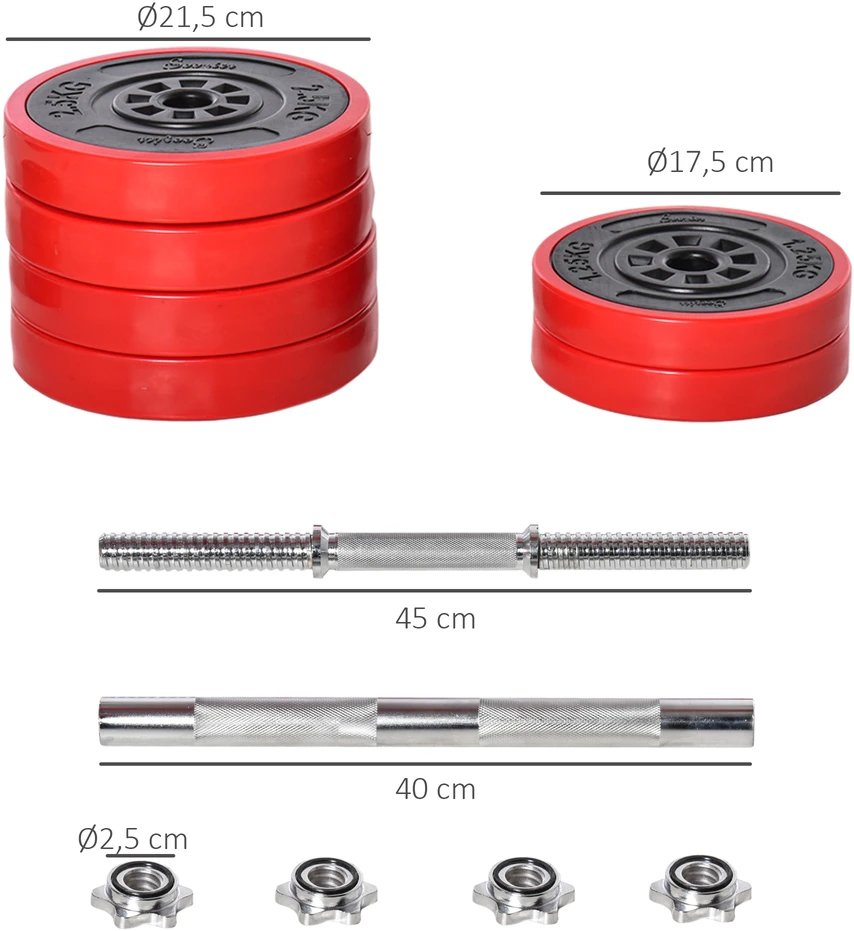 Aosom Reguliuojamų hantelių ir štangos rinkinys, raudona / juoda, 30 kg
