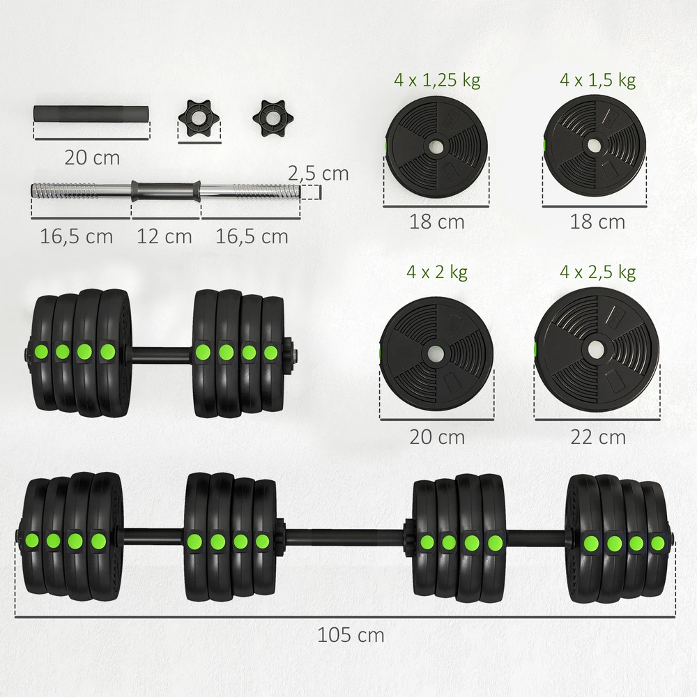 Aosom Reguliuojamų hantelių ir štangos rinkinys 2-in-1, 30 kg, juodas/žalias