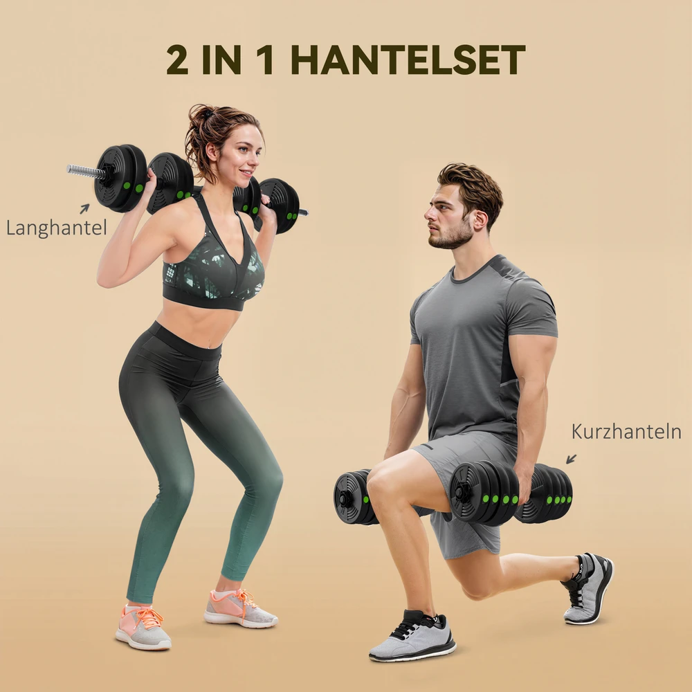 Aosom Reguliuojamų hantelių ir štangos rinkinys 2-in-1, 30 kg, juodas/žalias
