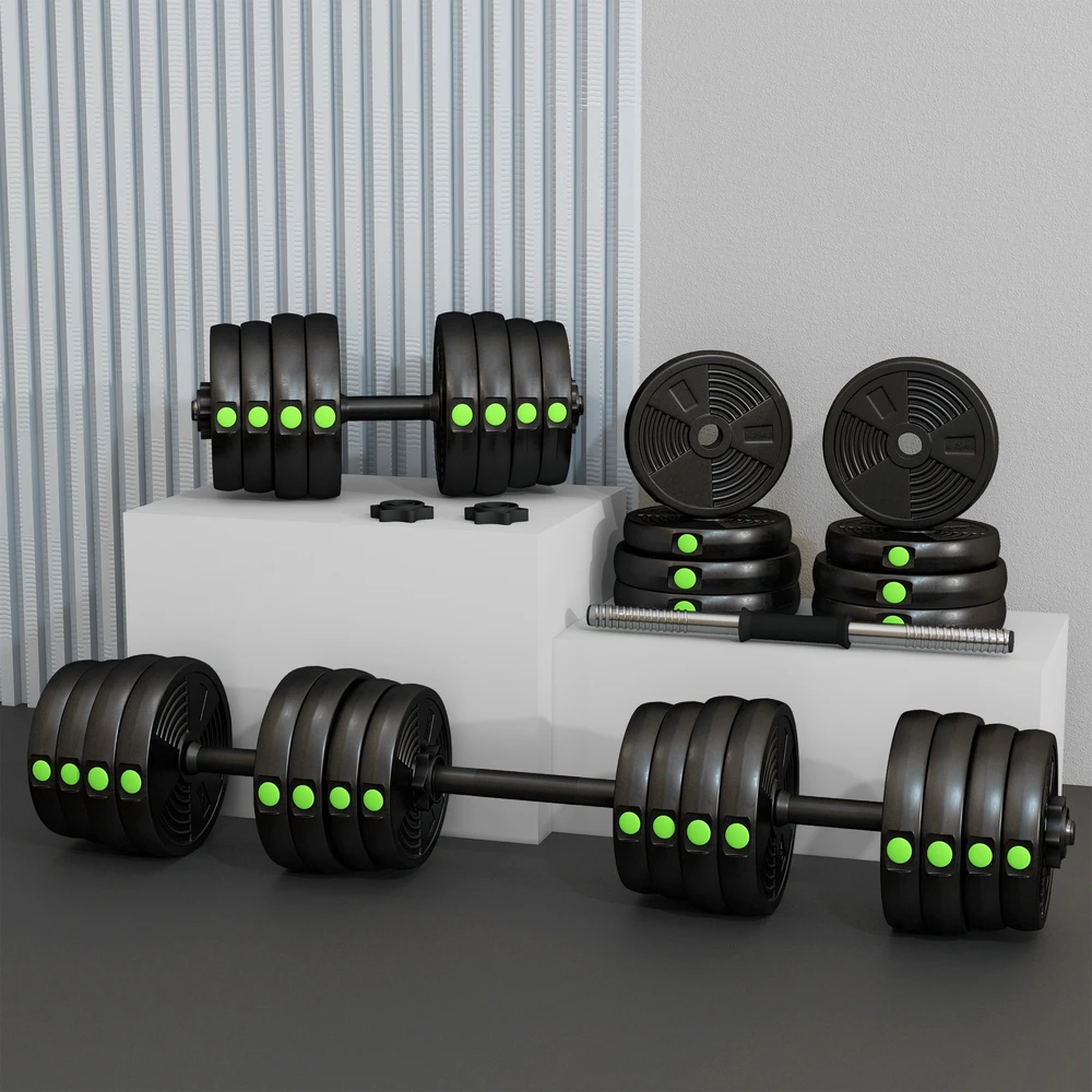 Aosom Reguliuojamų hantelių ir štangos rinkinys 2-in-1, 30 kg, juodas/žalias