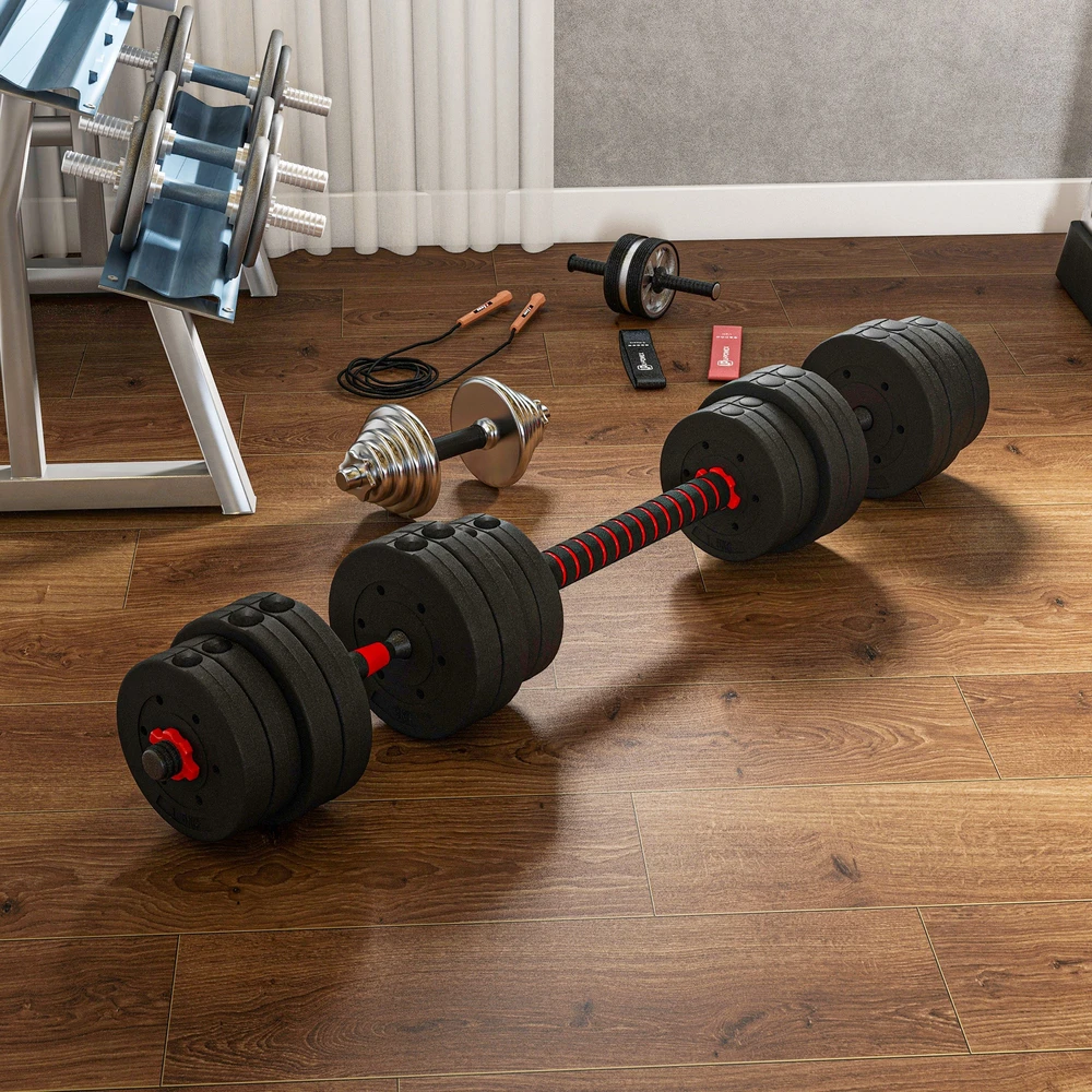 Aosom Reguliuojamų hantelių ir štangos rinkinys 30 kg, juodas