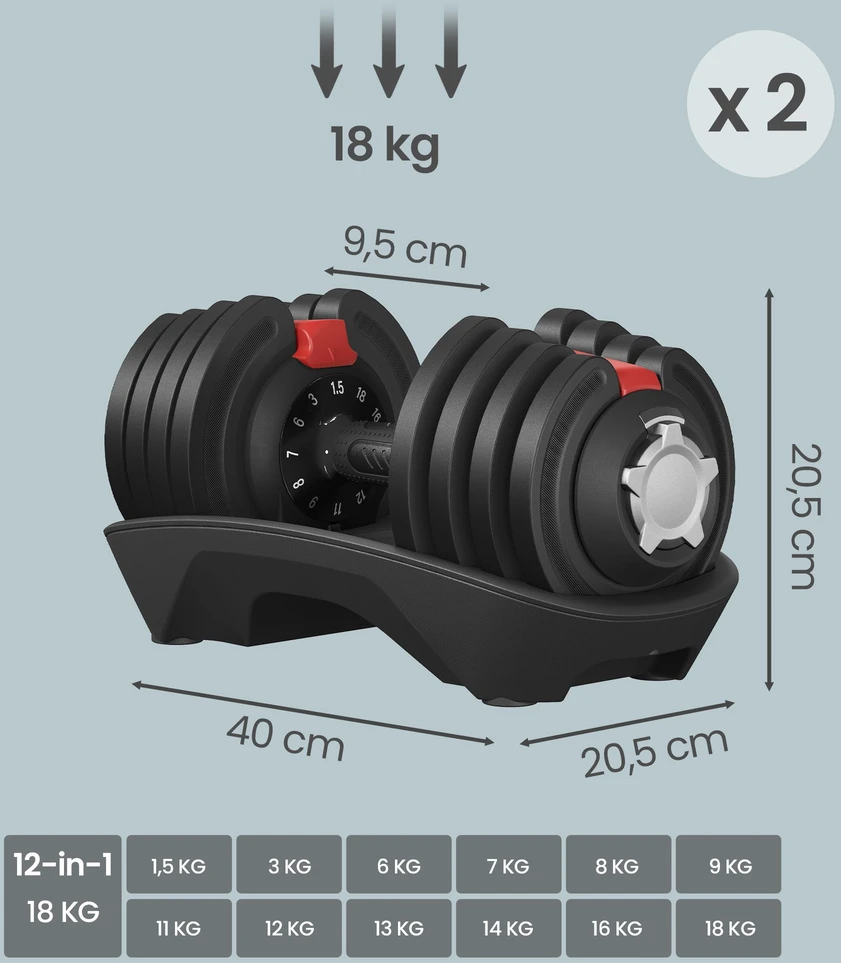 Koduva Reguliuojamų hantelių rinkinys, 2 vnt., 12-in-1, plienas ir ABS, juoda-raudona