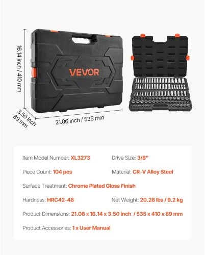 VEVOR Reketinių raktų ir galvučių rinkinys XL3273, 104 dalių, 9,5 mm pavara, 6-24 mm