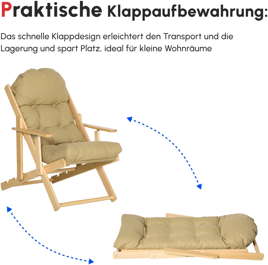 Aosom Relax kėdė, reguliuojamas atlošas, buko medienos rėmas, ruda, iki 120 kg