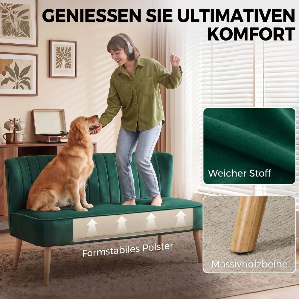 Aosom Retro dizaino 2 vietų sofa, tamsiai žalia, 117 x 56,5 x 77 cm