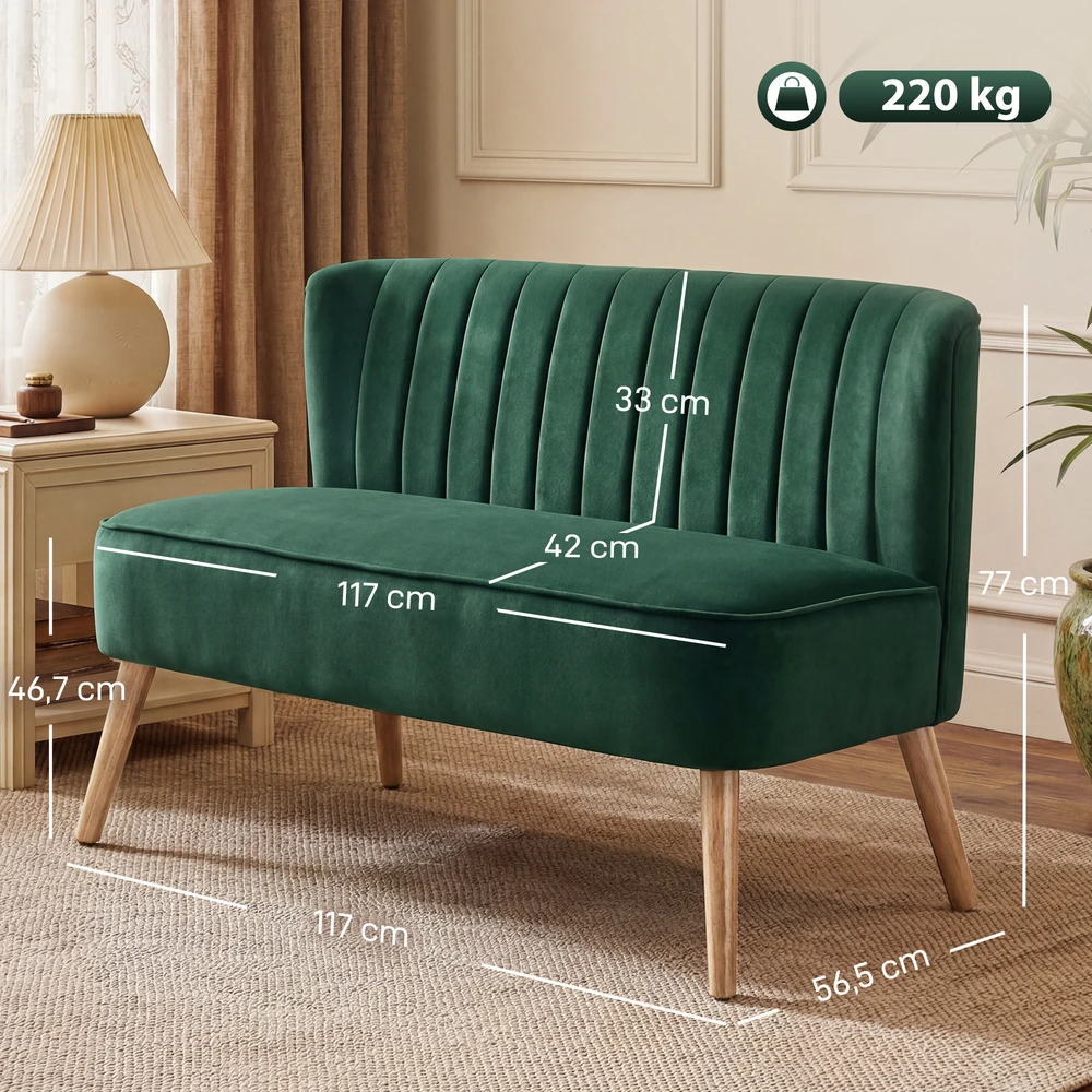 Aosom Retro dizaino 2 vietų sofa, tamsiai žalia, 117 x 56,5 x 77 cm