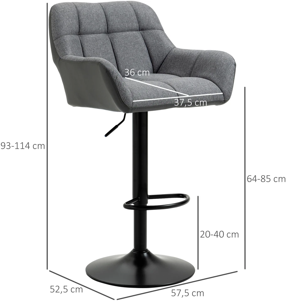 Aosom Retro dizaino baro kėdės, 2 vnt., reguliuojamas aukštis, pilka + juoda