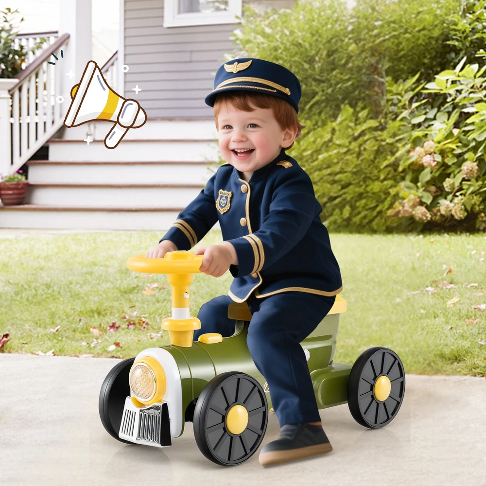 Promotion Ride-on žaislinis automobilis su garso mygtuku ir daiktadėže, žalias