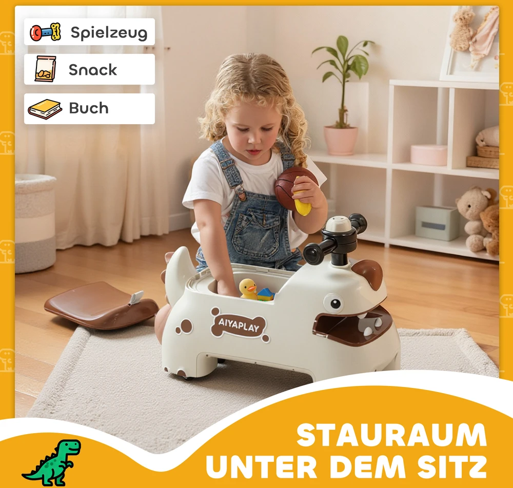Sofa Aosom Riedantis automobilis vaikams, dinozaurų dizainas, kreminė balta ir ruda, 52 x 24 x 38 cm