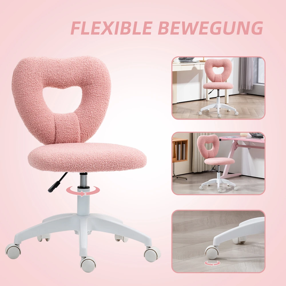 Aosom Rožinė biuro kėdė su širdelės formos atlošu, Teddy fleece, 78-88 cm