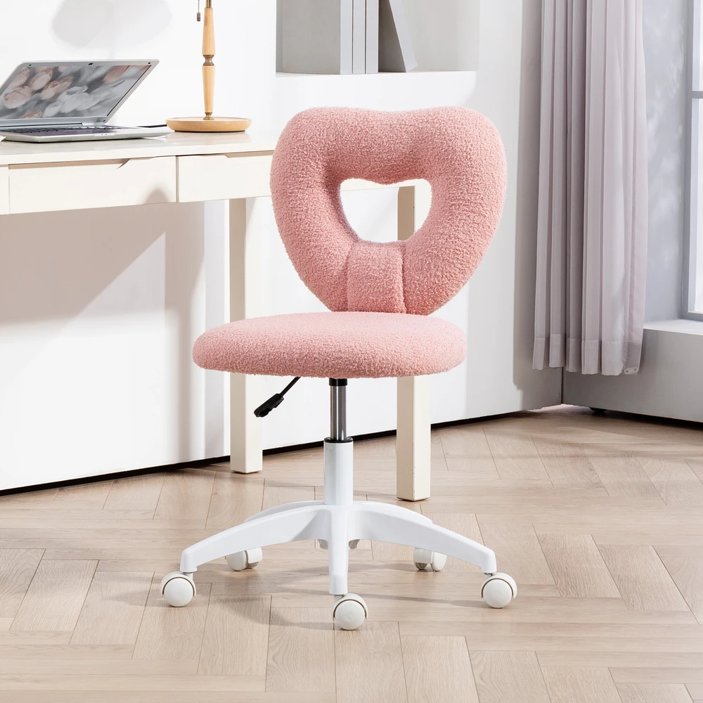 Aosom Rožinė biuro kėdė su širdelės formos atlošu, Teddy fleece, 78-88 cm