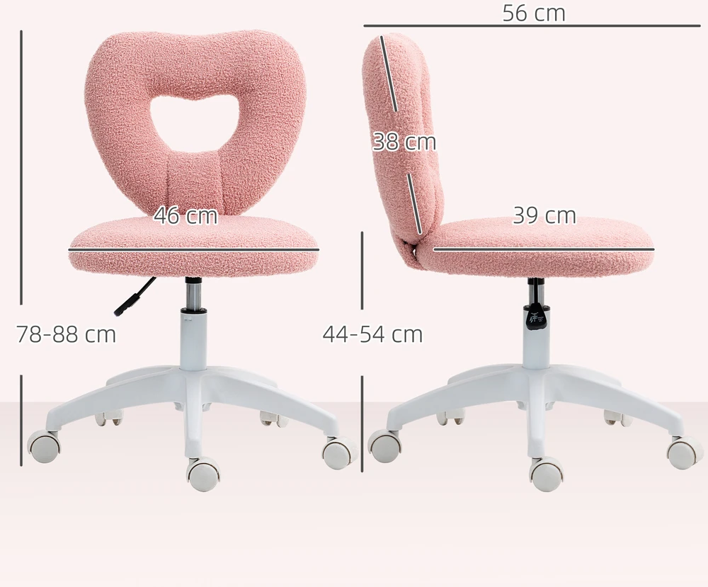 Aosom Rožinė biuro kėdė su širdelės formos atlošu, Teddy fleece, 78-88 cm