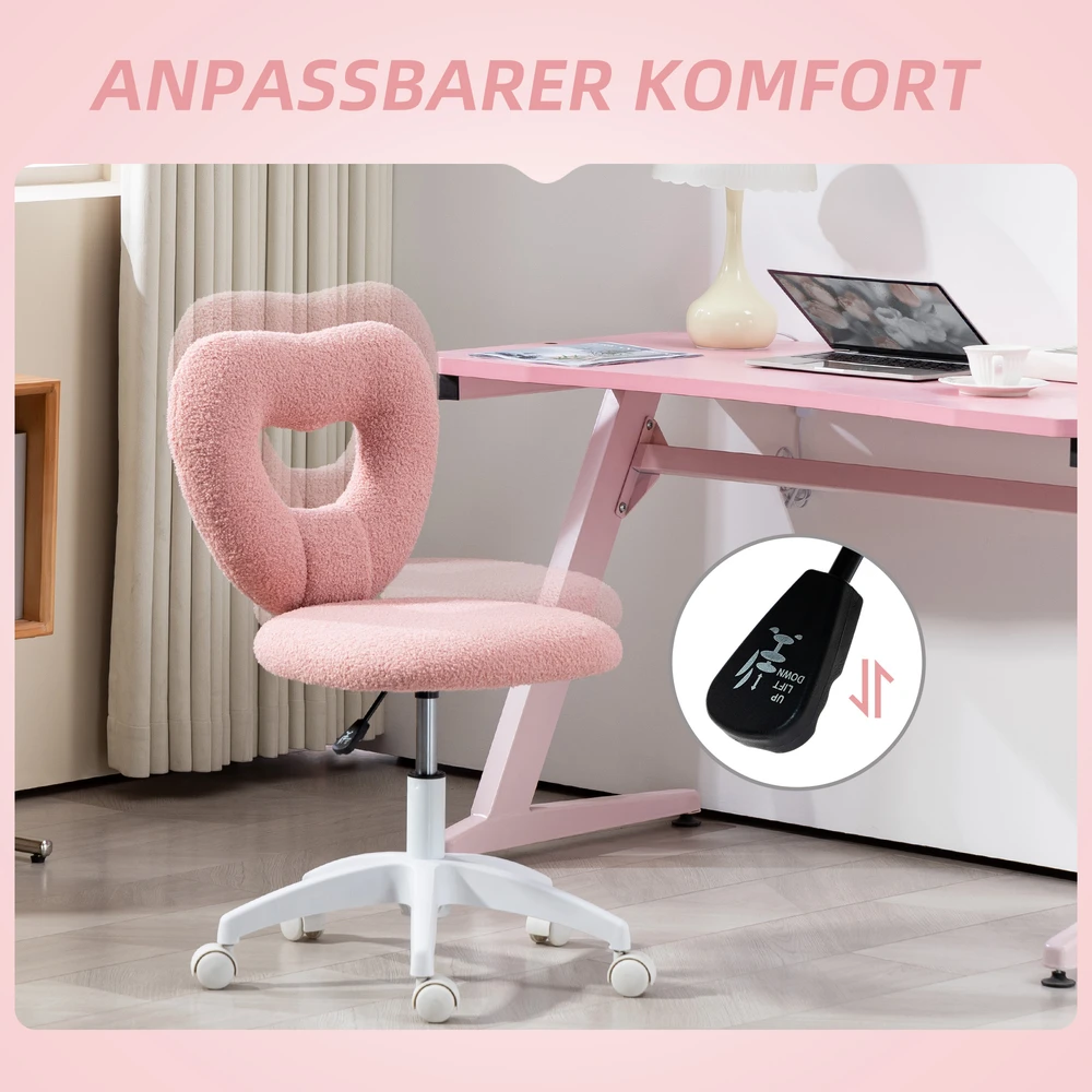 Aosom Rožinė biuro kėdė su širdelės formos atlošu, Teddy fleece, 78-88 cm