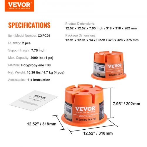 VEVOR RV atraminės kojelės pagrindas CXFC01, polipropilenas, iki 907 kg, 2 vnt., 32 x 32 x 20 cm