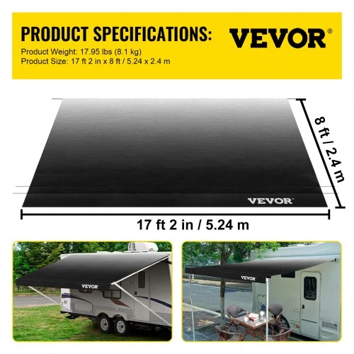 VEVOR RV markizės audinys, 524 x 240 cm, vinilas, PVC, anglies pilkumo perėjimas