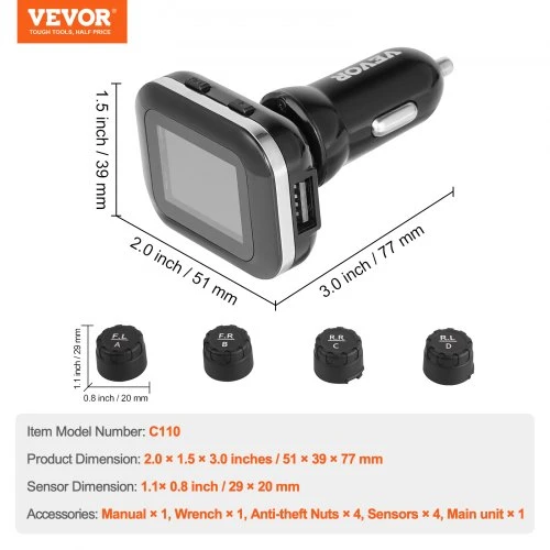 VEVOR RV padangų slėgio stebėjimo sistema C110 su 4 jutikliais, 0,5–6 bar