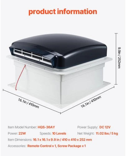 Koduva RV stogo ventiliatorius VEVOR HQS-36AY, 12 V, 22 W, su nuotoliniu valdymu, dūminis, 41 x 41 x 25 cm