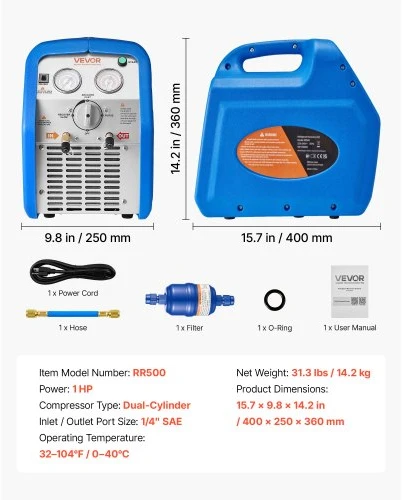 VEVOR Šaltnešio surinkimo aparatas RR500, 0,75 kW, 220-240 V, 50 Hz