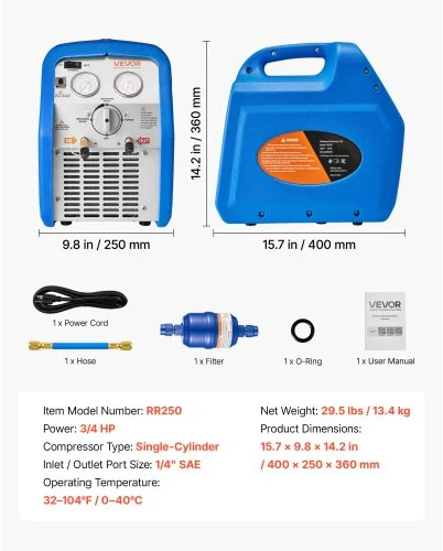 VEVOR Šaltnešio surinkimo įrenginys RR250, 0,56 kW, 220-240 V, 50 Hz