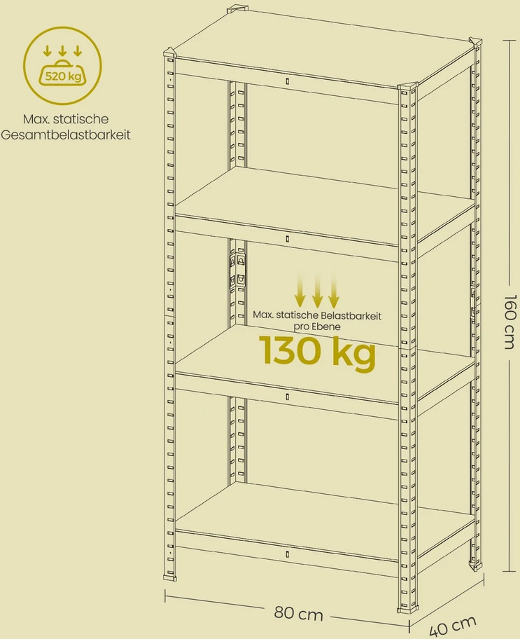 Koduva Sandėliavimo lentyna su 4 lentynomis, 40 x 80 x 160 cm, iki 520 kg, plienas ir MDF