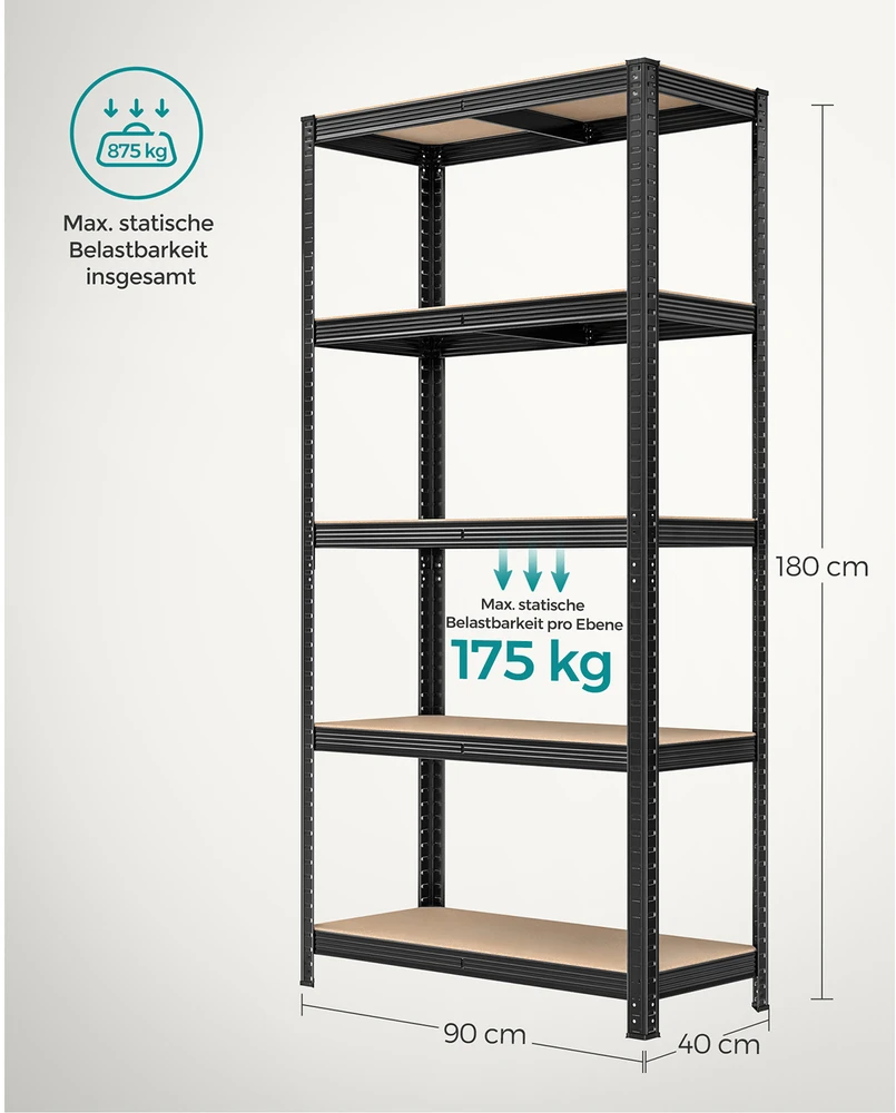 Koduva Sandėliavimo lentynos, 2 vnt., 180 x 90 x 40 cm, plienas ir MDF, juodos