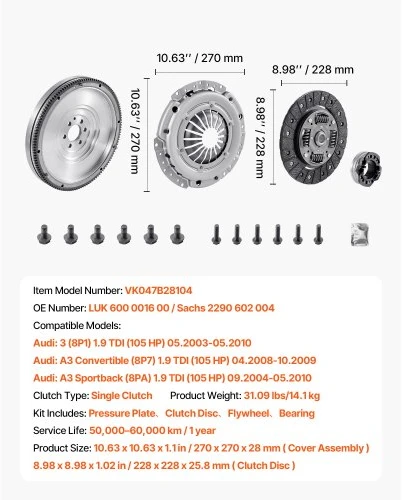 VEVOR Sankabos komplektas su smagračiu VK047B28104, skirtas Audi A3 2003-2010