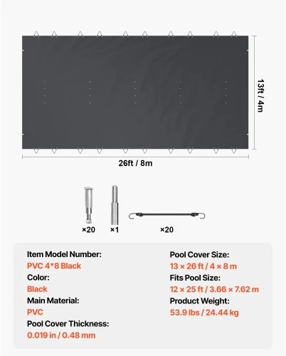 Koduva Saugus baseino uždangalas VEVOR, PVC, 4 x 8 m, anglies spalvos