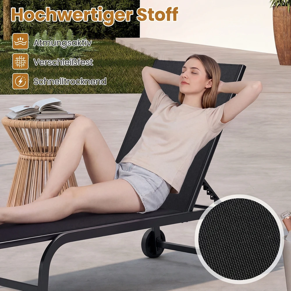 Promotion Saulės gultų komplektas iš 2, juodas, su ratukais, 180°