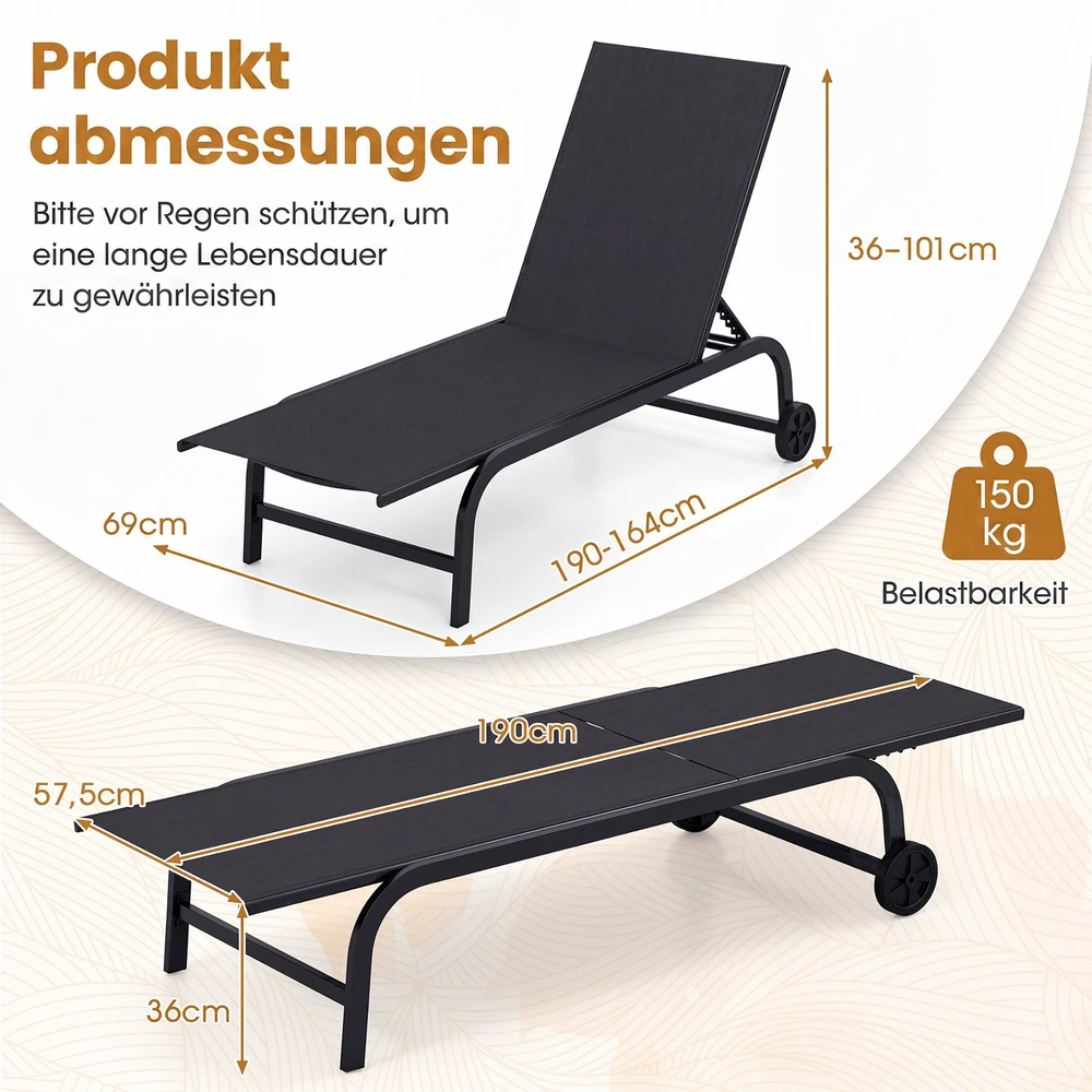 Promotion Saulės gultų komplektas iš 2, juodas, su ratukais, 180°