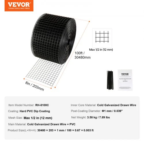 VEVOR Saulės panelių apsauga nuo paukščių RH-8100C, 20 x 3048 cm, PVC dengta viela