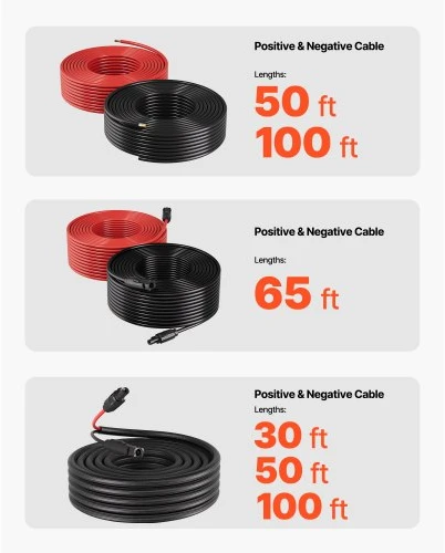 Koduva Saulės panelių ilginimo kabelis VEVOR, 30 m, 10 AWG (6 mm²), juodas + raudonas, 2 dalių rinkinys
