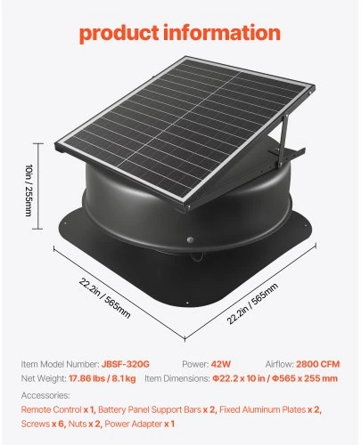 Koduva Saulės stogo ventiliacijos ventiliatorius VEVOR JBSF-320G, 42 W, juodas, Ø57 x 26 cm